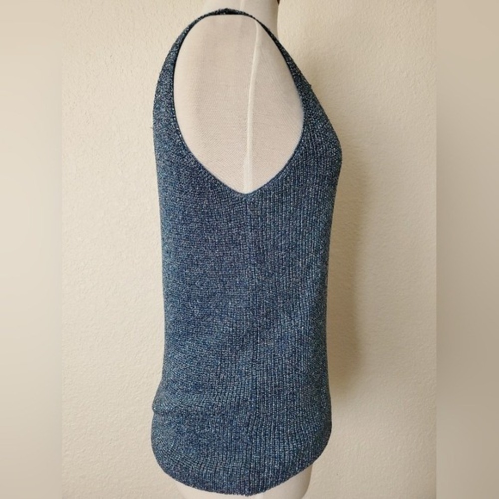 Vintage 90s Blue Crochet Knit Tank Christine Phillipe Sleeveless Shimmer Top M - Picture 4 of 14